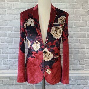 ASOS Velvet Floral Skinny Fit Blazer Jacket Mens 36 Velour Glam Cocktail Party